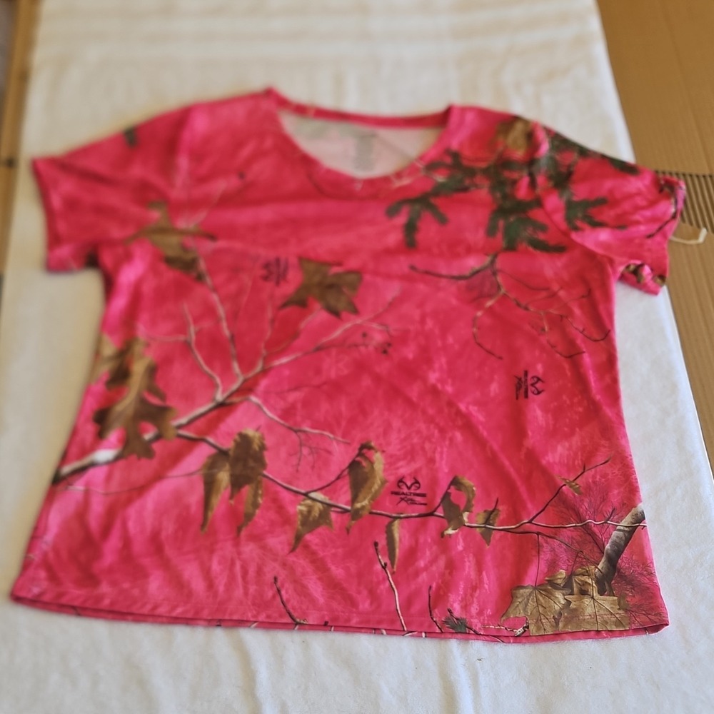 Realtree Pink Brown Camouflage Jersey Round Neck Short Sleeve Plus T-Shirt 2X